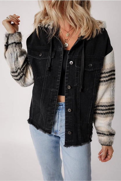 Get trendy with Drawstring Raw Hem Hooded Denim Jacket -  available at Styles Code. Grab yours today!