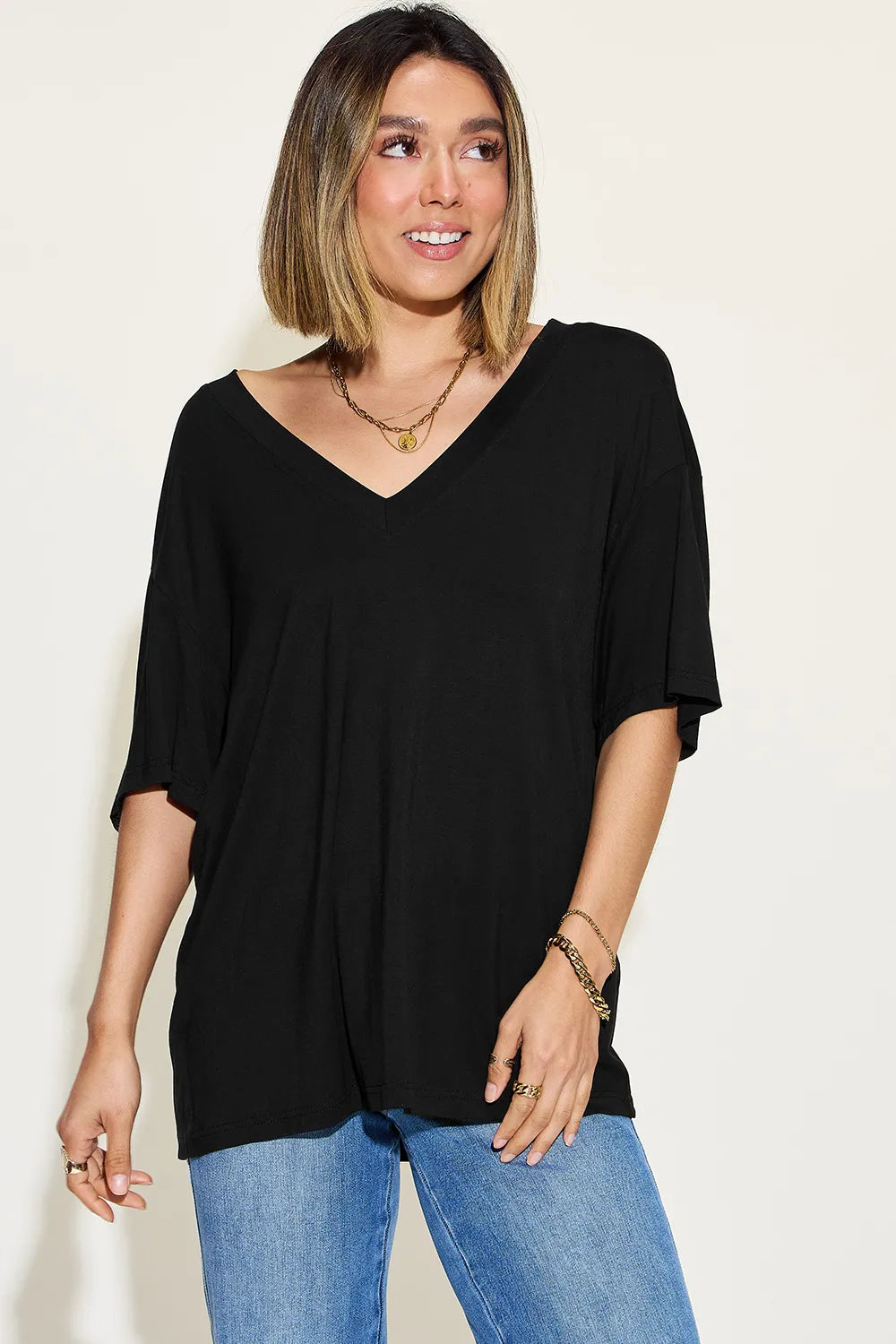 Get trendy with V-Neck Drop Shoulder T-Shirt - T-Shirt available at Styles Code. Grab yours today!