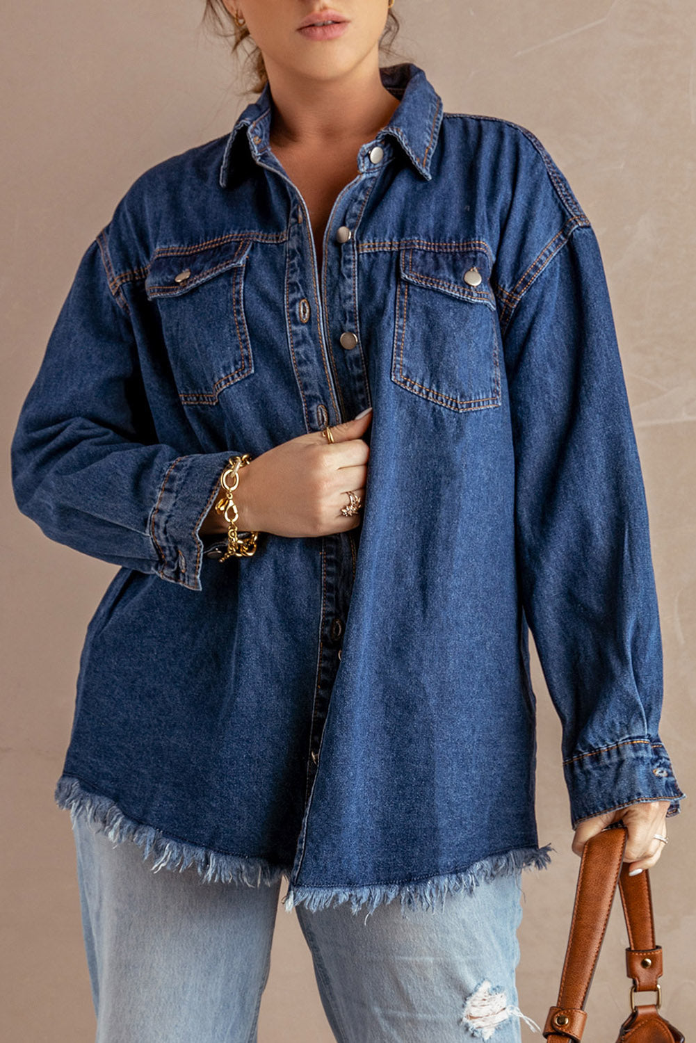 Get trendy with Button Up Pocketed Raw Hem Denim Jacket - Denim Jacket available at Styles Code. Grab yours today!