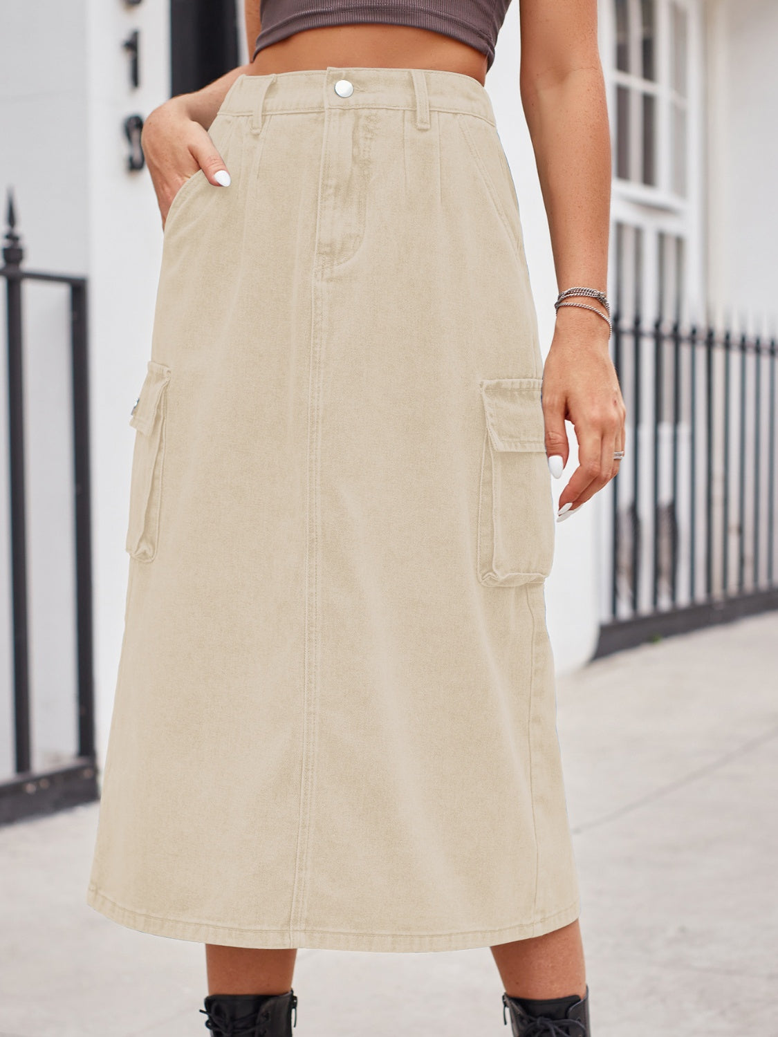 Get trendy with Slit Buttoned Denim Skirt with Pockets - Skirts available at Styles Code. Grab yours today!