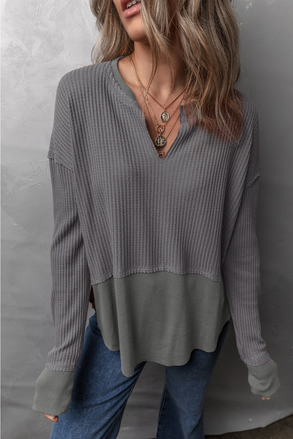 Get trendy with Waffle-Knit Exposed Seam Notched Long Sleeve Top -  available at Styles Code. Grab yours today!