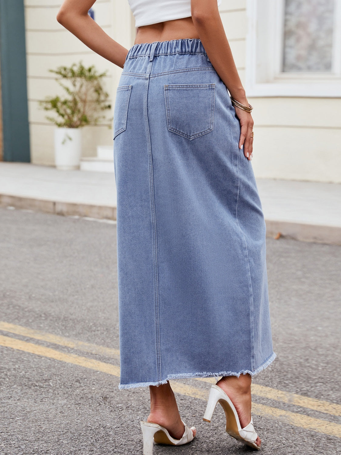 Get trendy with Slit Asymmetrical Waist Denim Skirt - Skirts available at Styles Code. Grab yours today!