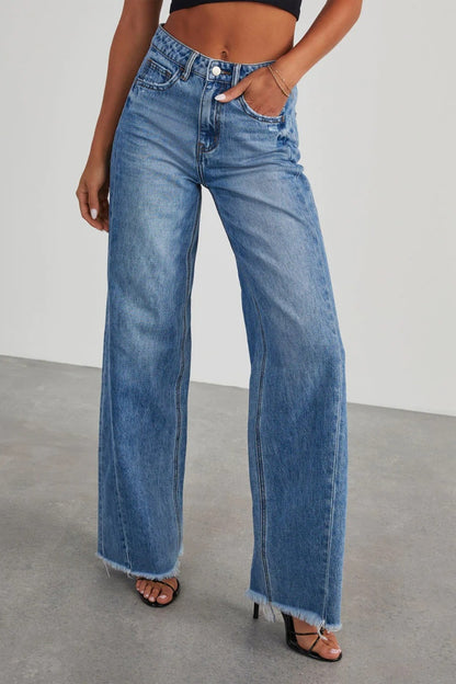 Get trendy with Raw Hem Wide Leg Jeans with Pockets - Jeans available at Styles Code. Grab yours today!