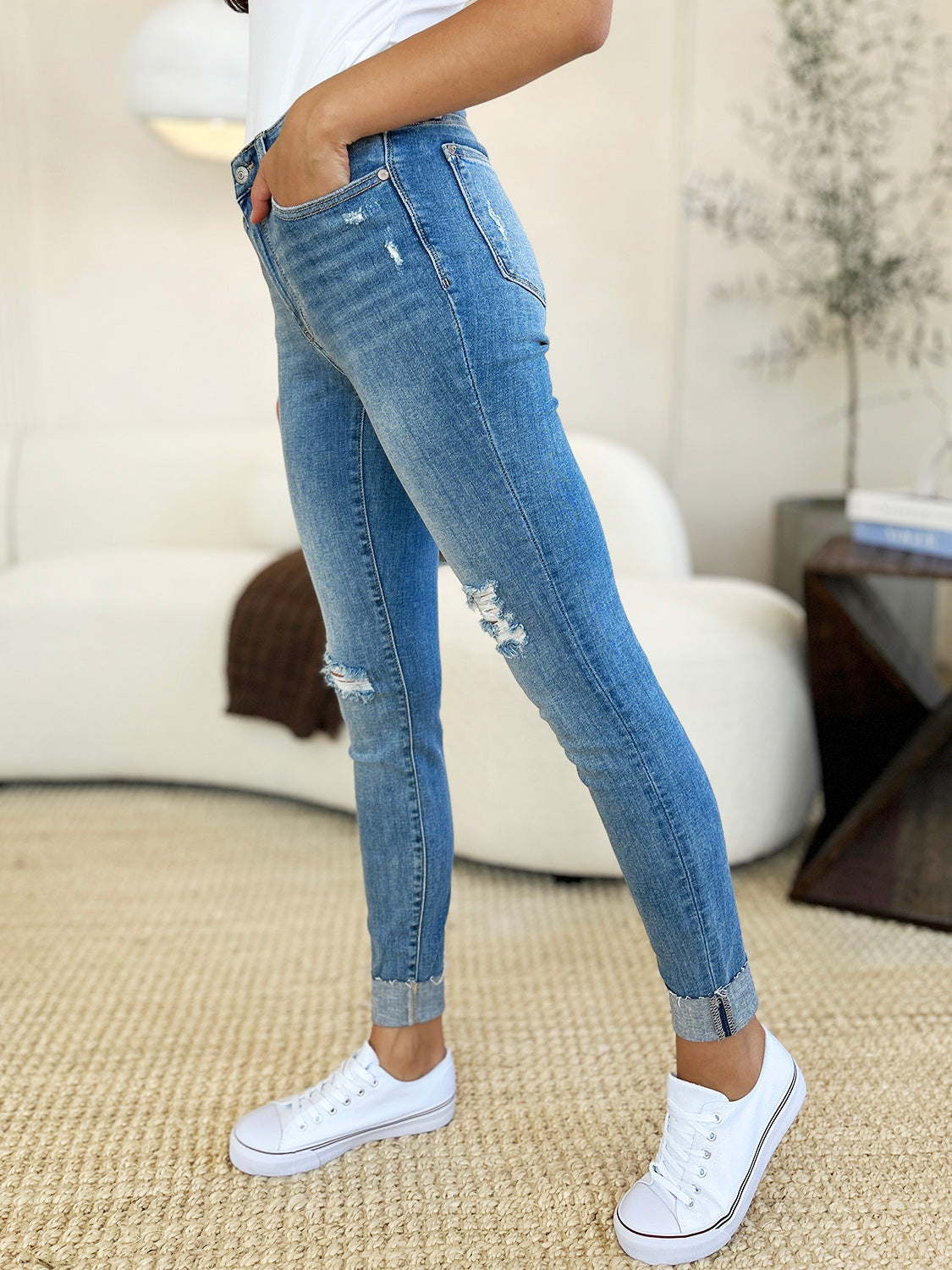 Get trendy with Judy Blue Full Size Mid Rise Destroy & Cuff Skinny Jeans -  available at Styles Code. Grab yours today!