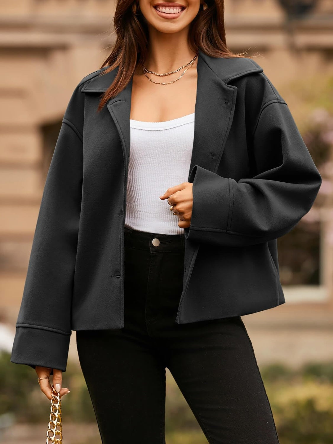 Get trendy with Collared Neck Dropped Shoulder Jacket - Jackets available at Styles Code. Grab yours today!