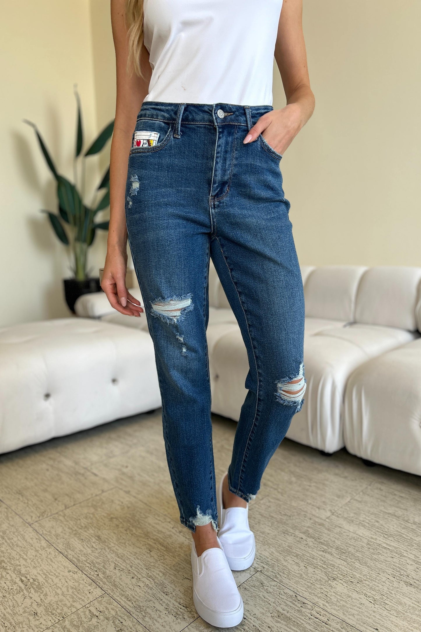 Get trendy with Judy Blue Full Size Queen Of Hearts Coin Pocket BF Jeans - Plus Size available at Styles Code. Grab yours today!