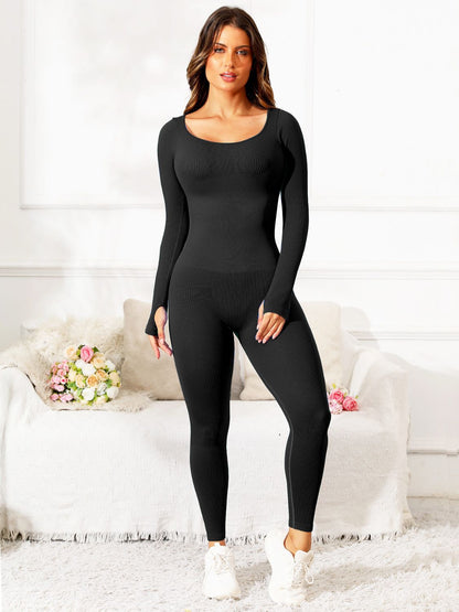 Get trendy with Scoop Neck Long Sleeve Active Jumpsuit - Activewear available at Styles Code. Grab yours today!