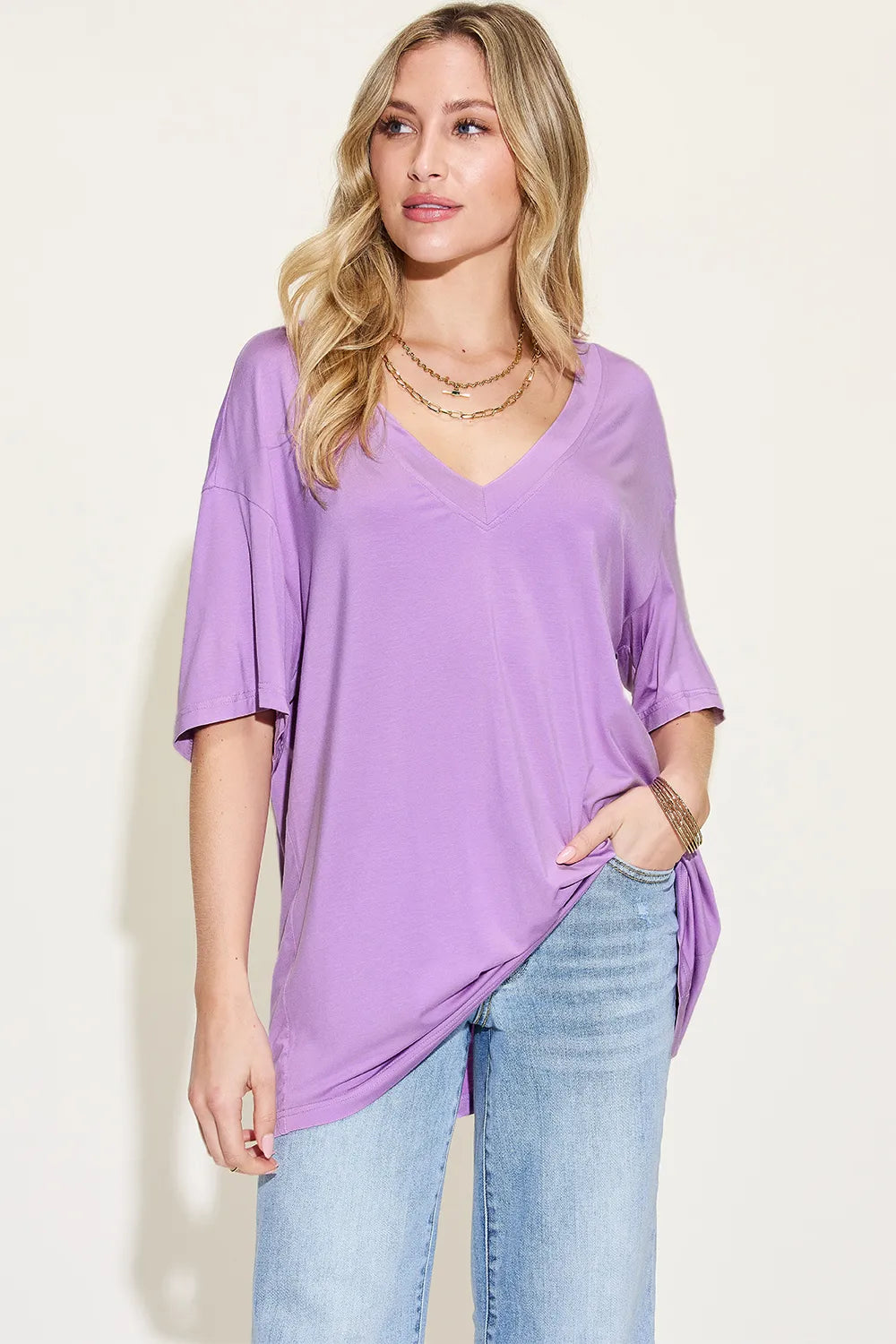 Get trendy with V-Neck Drop Shoulder T-Shirt - T-Shirt available at Styles Code. Grab yours today!