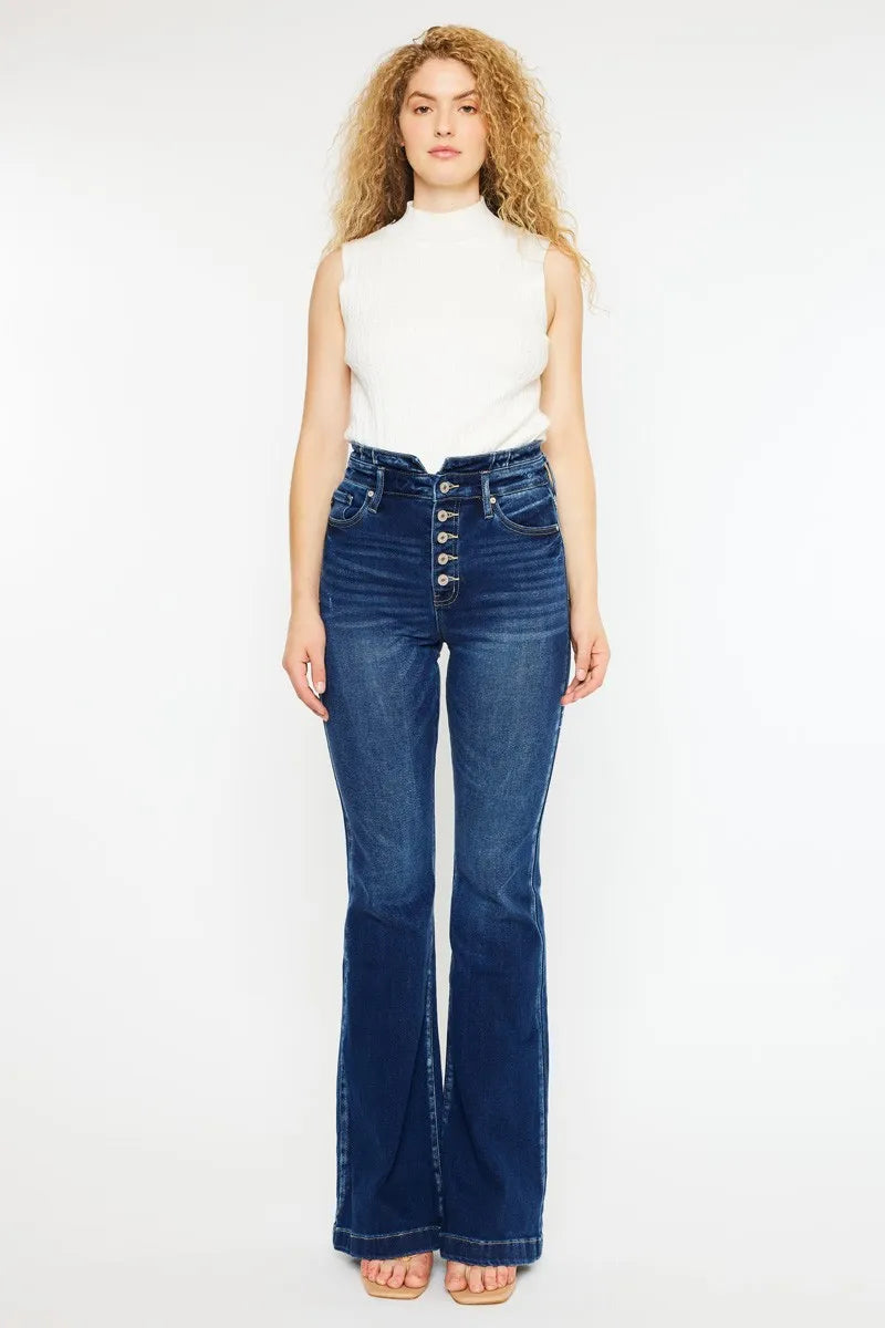 Get trendy with Button Fly Flare Jeans - Jeans available at Styles Code. Grab yours today!