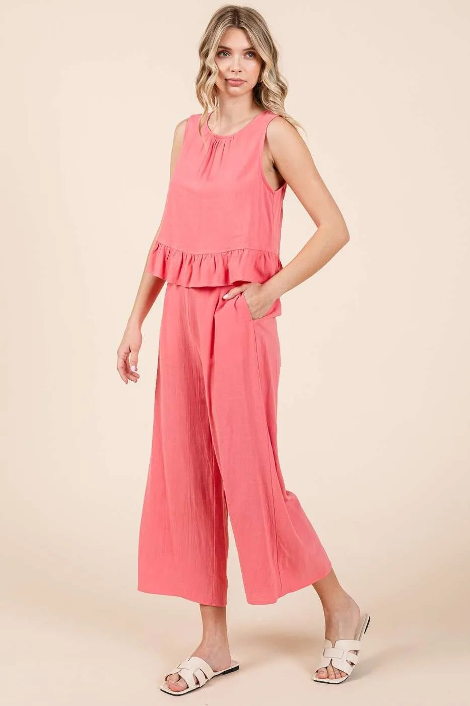 Get trendy with Linen Ruffle Tank Top and Pants Set - Two Piece Sets available at Styles Code. Grab yours today!