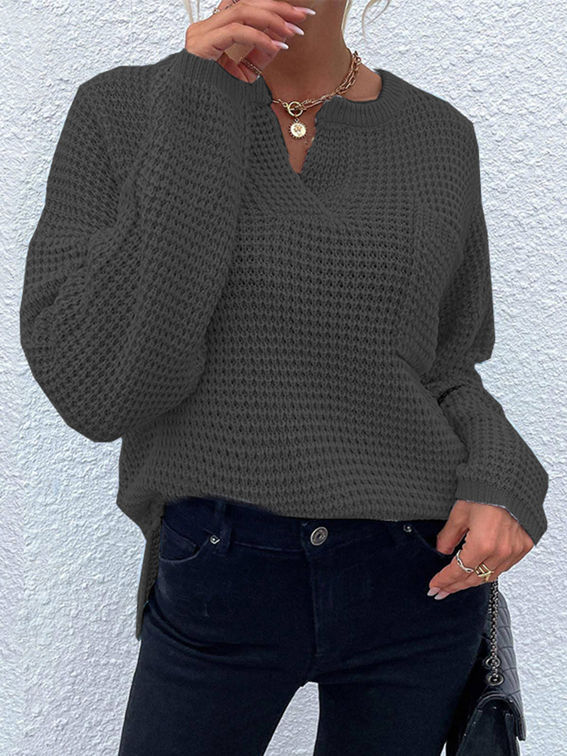 Get trendy with Notched Long Sleeve Sweater - Sweaters available at Styles Code. Grab yours today!