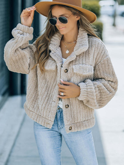 Get trendy with Fuzzy Button Up Collared Neck Jacket - Jackets available at Styles Code. Grab yours today!