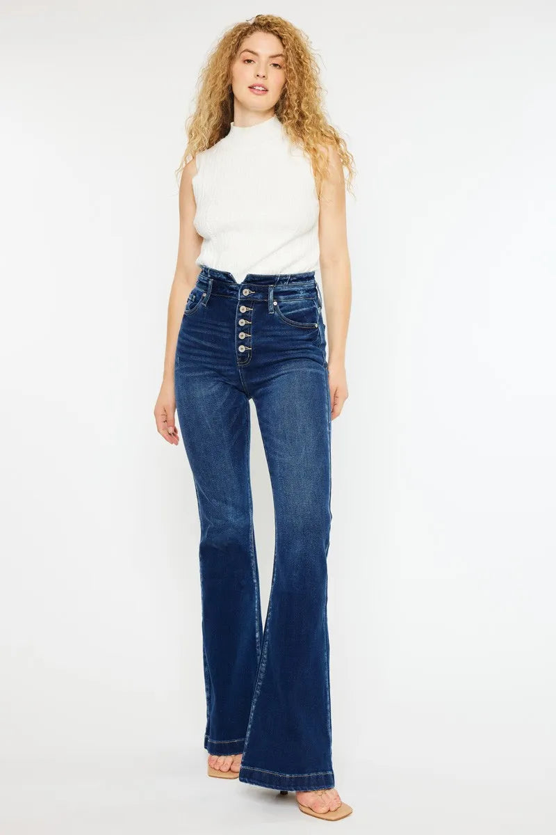 Get trendy with Button Fly Flare Jeans - Jeans available at Styles Code. Grab yours today!
