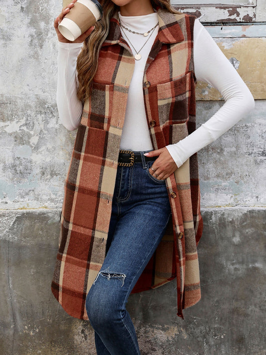 Get trendy with Perfee Pocketed Button Up Plaid Vest -  available at Styles Code. Grab yours today!