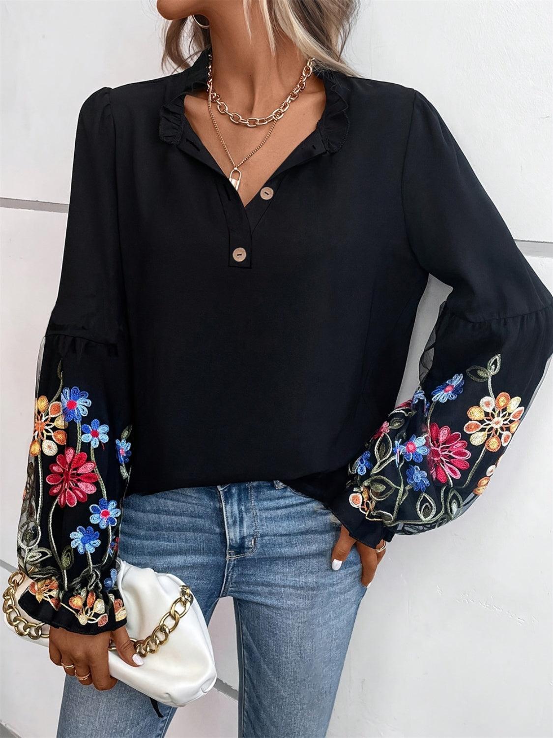 Get trendy with Embroidered Notched Long Sleeve Blouse -  available at Styles Code. Grab yours today!