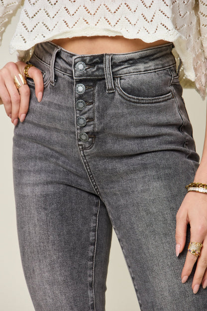 Get trendy with Judy Blue Full Size Button Fly High Waist Cuffed Capris - Jeans available at Styles Code. Grab yours today!