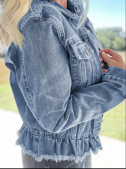 Get trendy with Raw Hem Long Sleeve Denim Jacket - Denim Jacket available at Styles Code. Grab yours today!