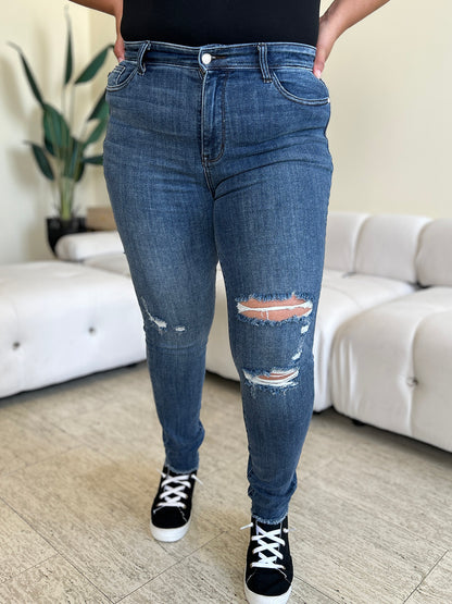 Get trendy with Judy Blue Full Size  High Waist Distressed Skinny Jeans - Plus Size available at Styles Code. Grab yours today!