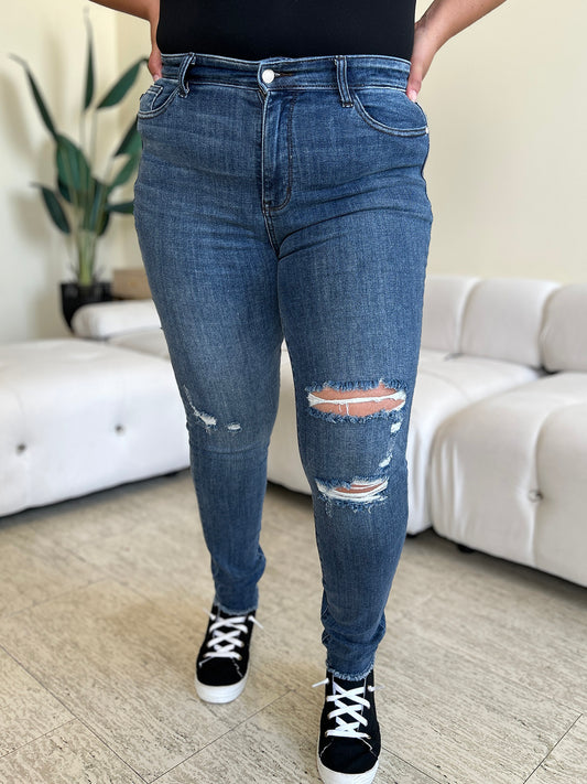 Get trendy with Judy Blue Full Size  High Waist Distressed Skinny Jeans - Plus Size available at Styles Code. Grab yours today!