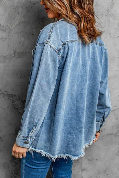 Get trendy with Button Up Pocketed Raw Hem Denim Jacket - Denim Jacket available at Styles Code. Grab yours today!