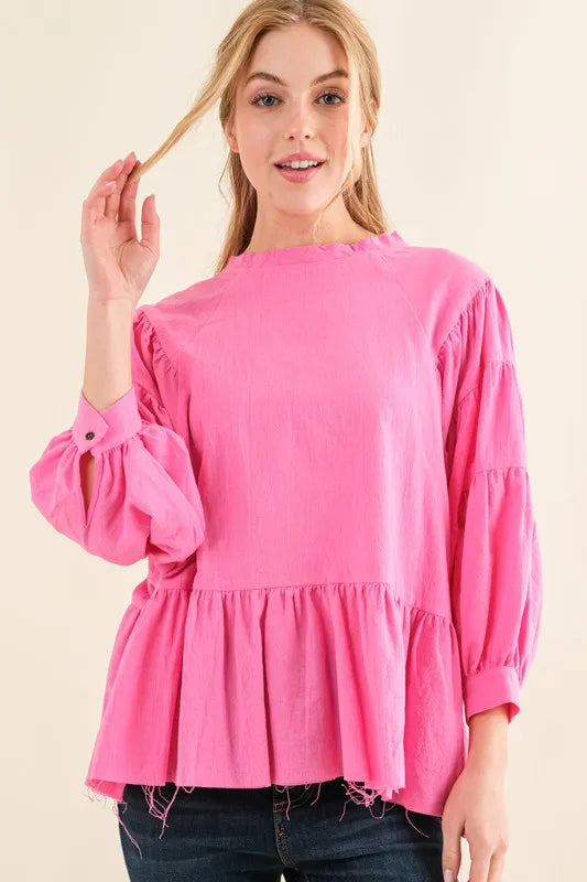 Get trendy with Tiered Raw Edge Hem Blouse - Blouse available at Styles Code. Grab yours today!