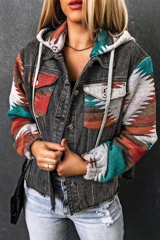 Get trendy with Drawstring Hooded Pocketed Denim Jacket - Denim Jacket available at Styles Code. Grab yours today!