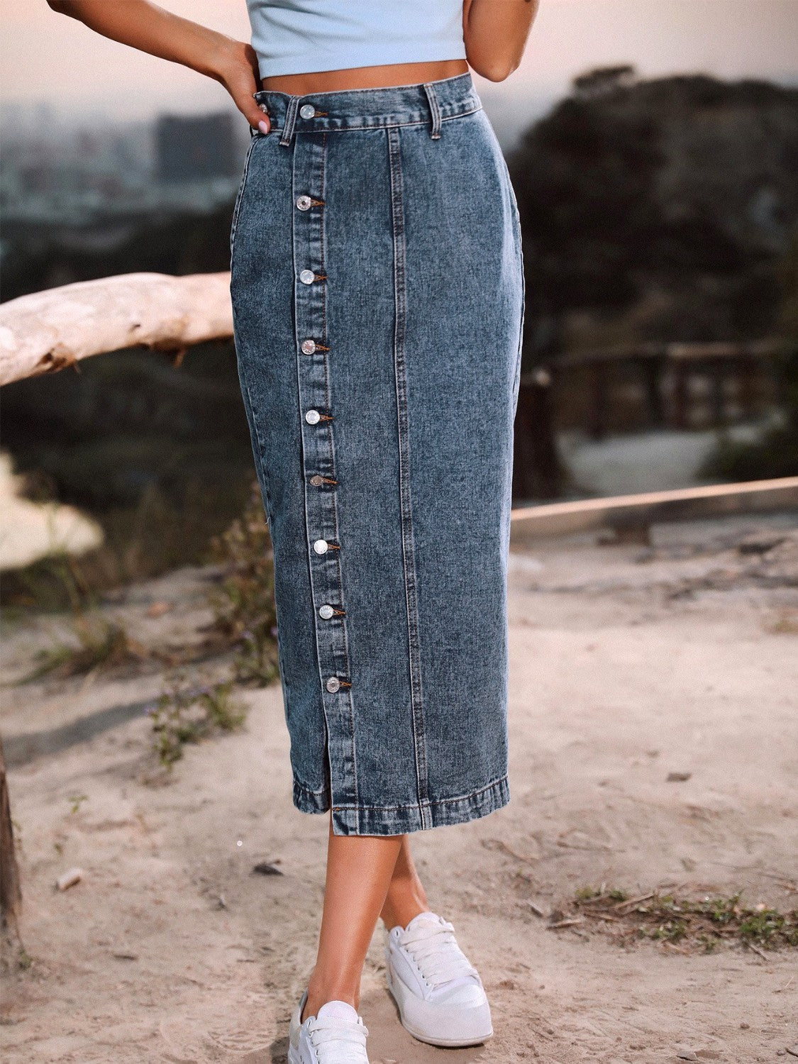 Get trendy with Button Down Denim Skirt - Skirts available at Styles Code. Grab yours today!