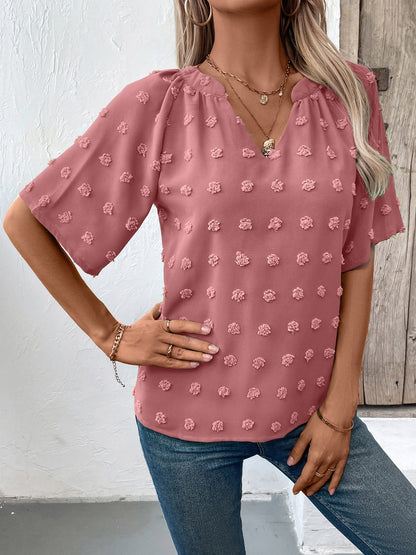 Get trendy with Swiss Dot Notched Half Sleeve Blouse - Blouse available at Styles Code. Grab yours today!