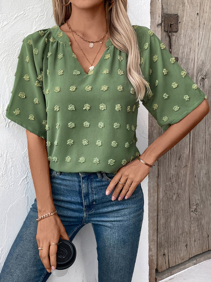 Get trendy with Swiss Dot Notched Half Sleeve Blouse - Blouse available at Styles Code. Grab yours today!