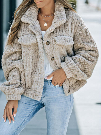 Get trendy with Fuzzy Button Up Collared Neck Jacket - Jackets available at Styles Code. Grab yours today!