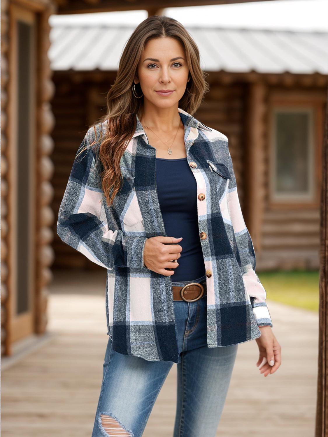 Get trendy with Full Size Pocketed Plaid Collared Neck Shacket -  available at Styles Code. Grab yours today!