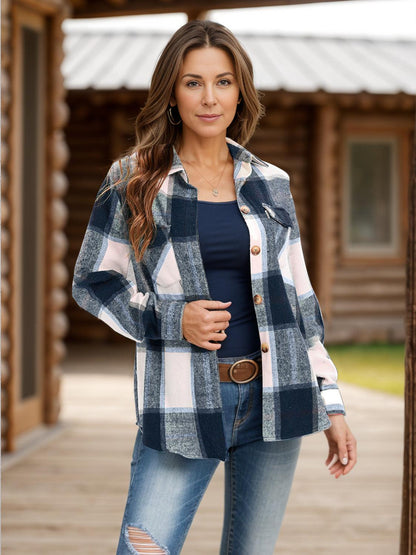 Get trendy with Full Size Pocketed Plaid Collared Neck Shacket -  available at Styles Code. Grab yours today!