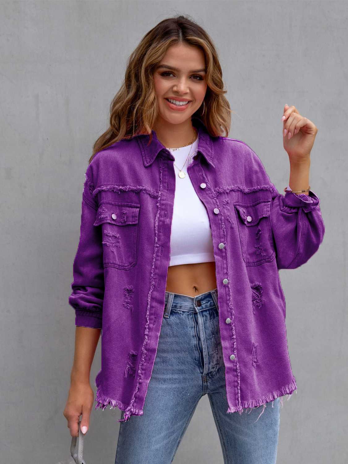 Get trendy with Distressed Drop Shoulder Denim Jacket - Denim Jacket available at Styles Code. Grab yours today!