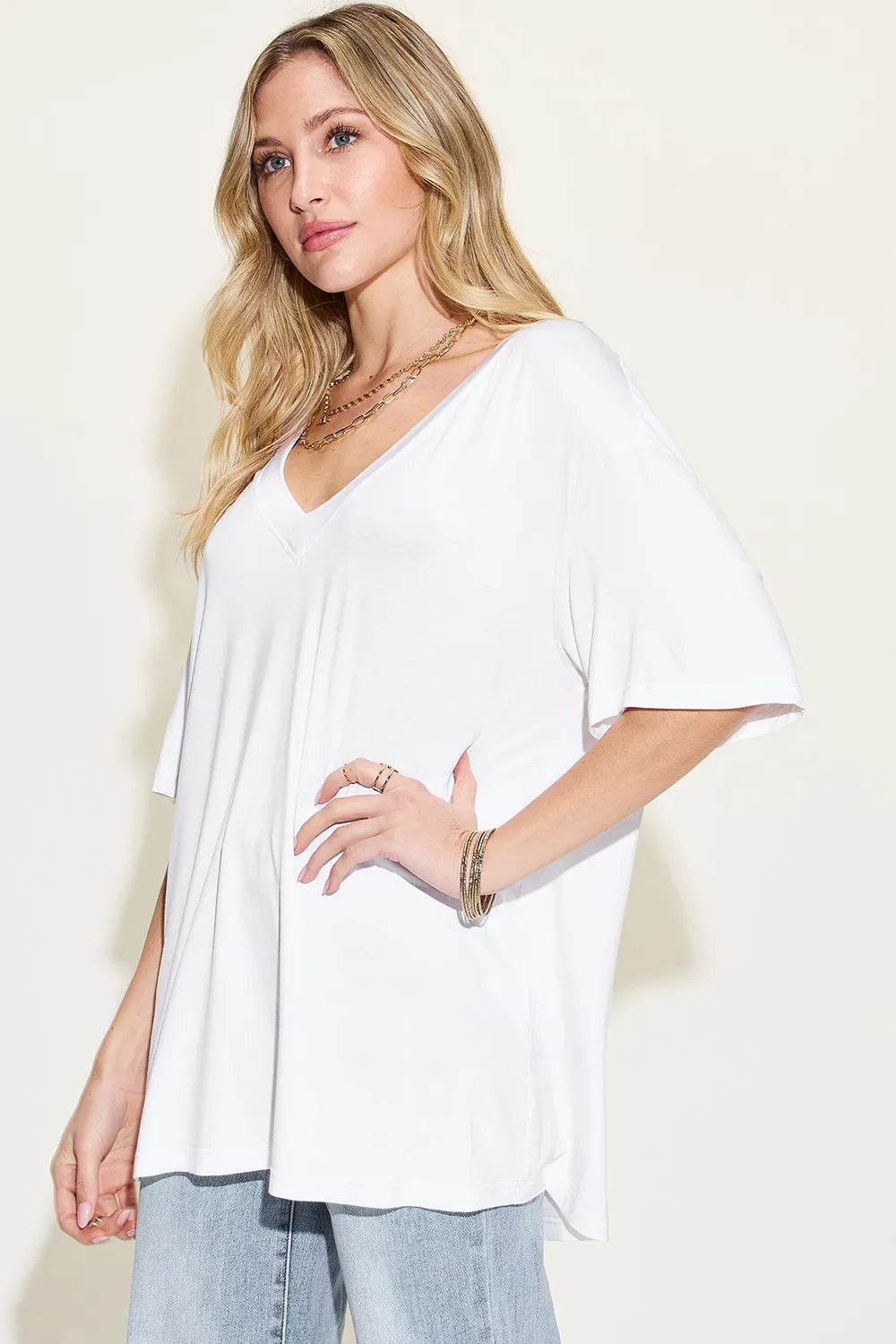 Get trendy with V-Neck Drop Shoulder T-Shirt - T-Shirt available at Styles Code. Grab yours today!