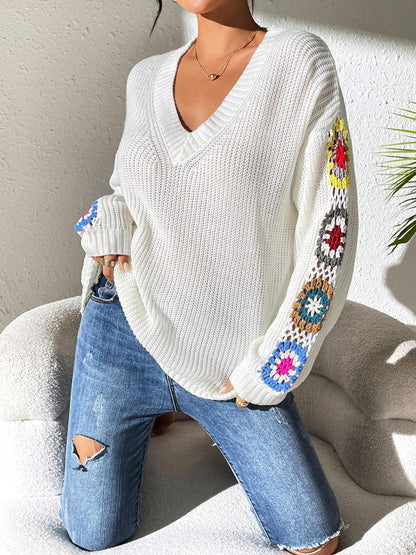 Get trendy with Crochet Flower V-Neck Sweater -  available at Styles Code. Grab yours today!