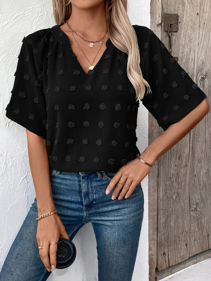 Get trendy with Swiss Dot Notched Half Sleeve Blouse - Blouse available at Styles Code. Grab yours today!