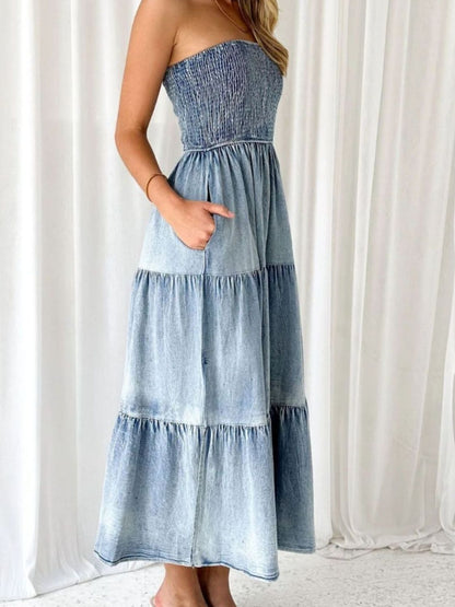 Get trendy with Slit Smocked Tube Tiered Denim Dress - Denim Dress available at Styles Code. Grab yours today!