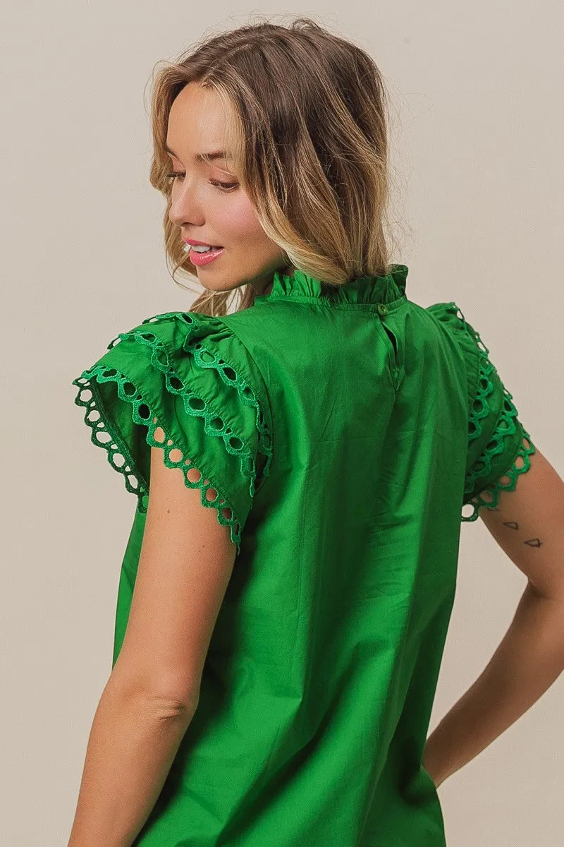 Get trendy with Woven Circle Trim Ruffle Top - Top available at Styles Code. Grab yours today!