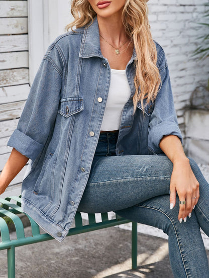 Get trendy with Button Up Long Sleeve Denim Jacket - Denim Jacket available at Styles Code. Grab yours today!