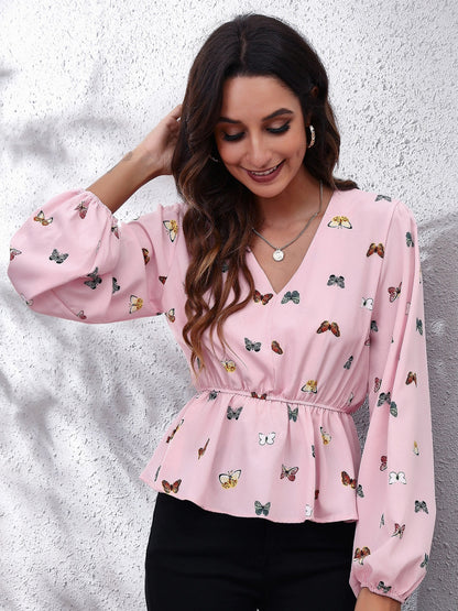 Get trendy with Printed V-Neck Long Sleeve Blouse - Blouse available at Styles Code. Grab yours today!