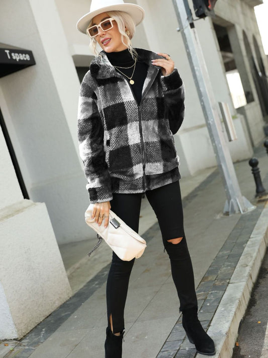 Get trendy with Plaid Zip-Up Collared Jacket - Jackets available at Styles Code. Grab yours today!