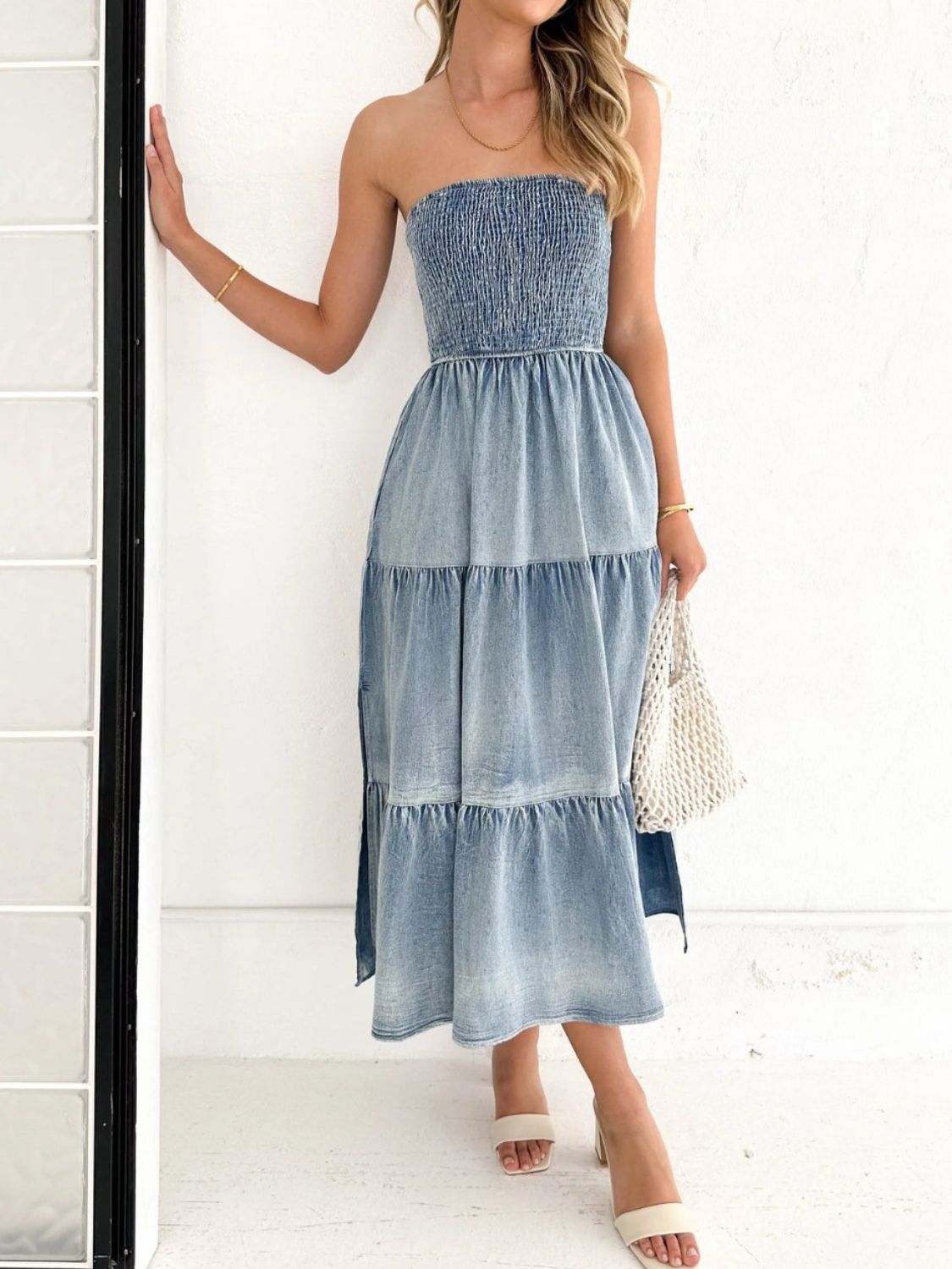 Get trendy with Slit Smocked Tube Tiered Denim Dress - Denim Dress available at Styles Code. Grab yours today!