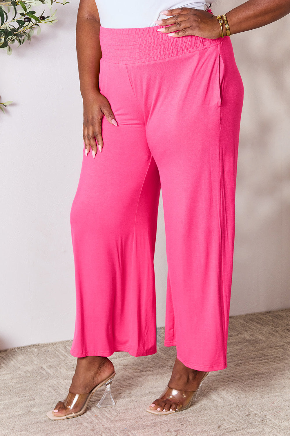 Get trendy with Full Size Smocked Wide Waistband Pants - Pants available at Styles Code. Grab yours today!