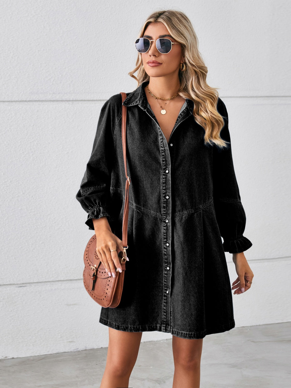 Get trendy with Button Up Flounce Sleeve Mini Denim Dress - Denim Dress available at Styles Code. Grab yours today!