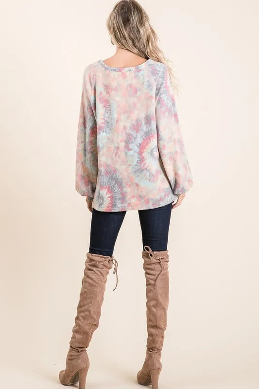 Get trendy with Tie Dye Top with Puff Sleeves - Top available at Styles Code. Grab yours today!