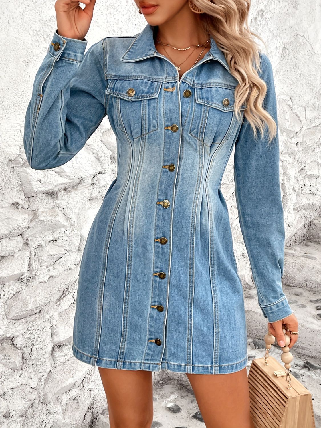 Get trendy with Pocketed Button Up Long Sleeve Denim Dress - Denim Dress available at Styles Code. Grab yours today!