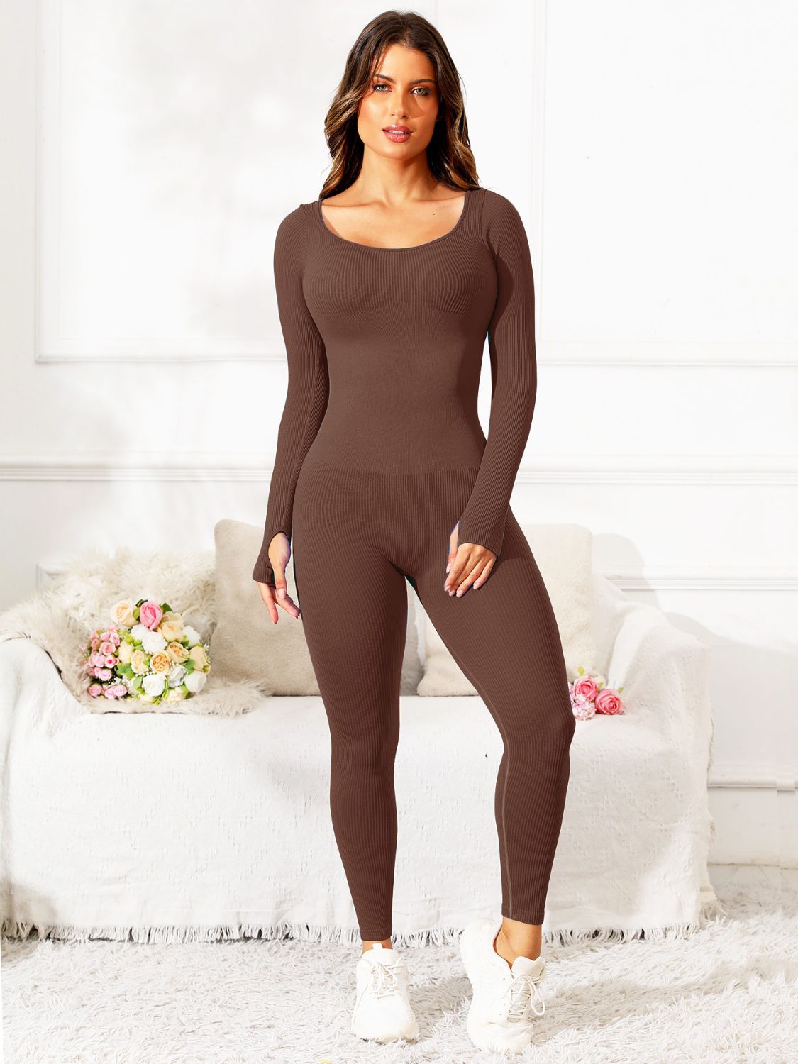 Get trendy with Scoop Neck Long Sleeve Active Jumpsuit - Activewear available at Styles Code. Grab yours today!