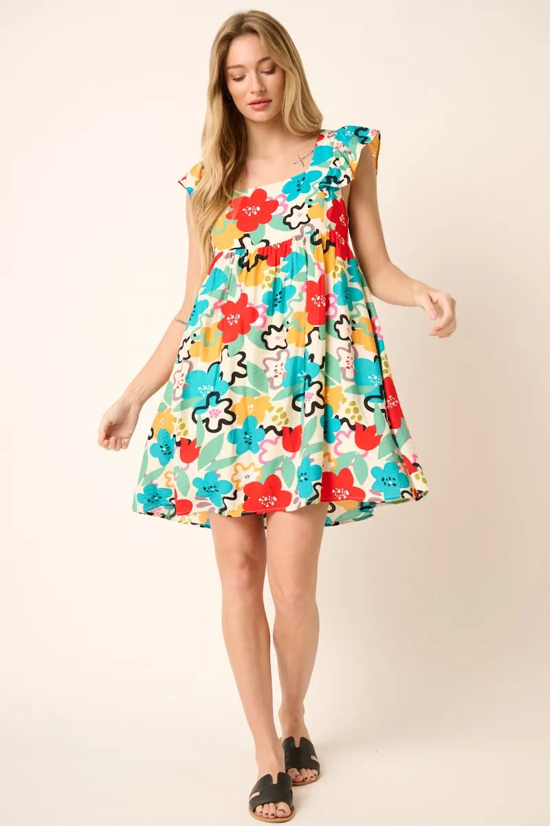 Get trendy with Multi Color Flower Print Babydoll Dress - Dress available at Styles Code. Grab yours today!