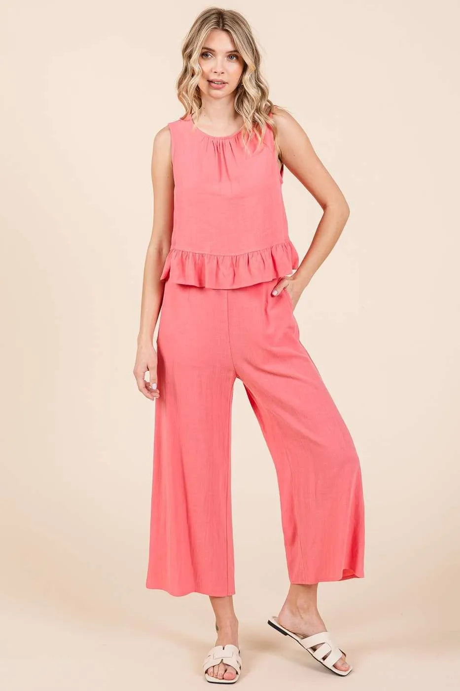 Get trendy with Linen Ruffle Tank Top and Pants Set - Two Piece Sets available at Styles Code. Grab yours today!