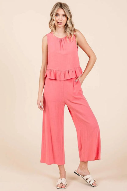 Get trendy with Linen Ruffle Tank Top and Pants Set - Two Piece Sets available at Styles Code. Grab yours today!